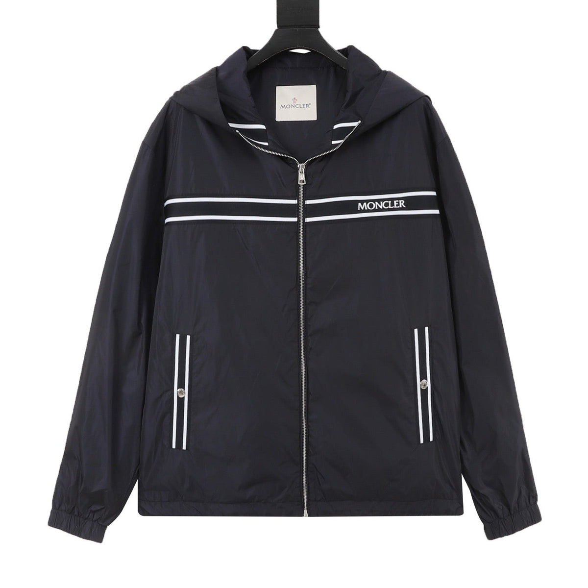 Moncler Chest Logo Stripe Hooded Zip Jacket – Men’s, Navy Blue