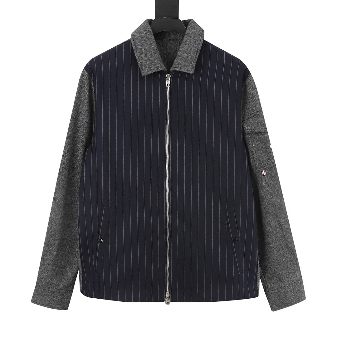 Moncler Wool Pinstripe Herringbone Panel Zip Jacket – Men’s, Navy Blue