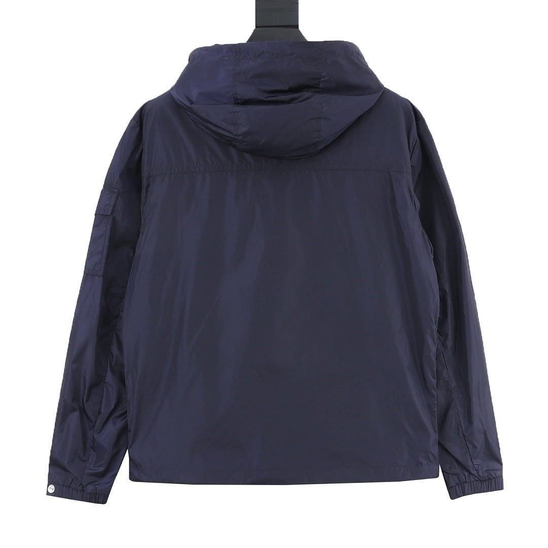 Moncler Stripe Badge Chest Logo Lightweight Hooded Windbreaker – Men’s, Navy Blue