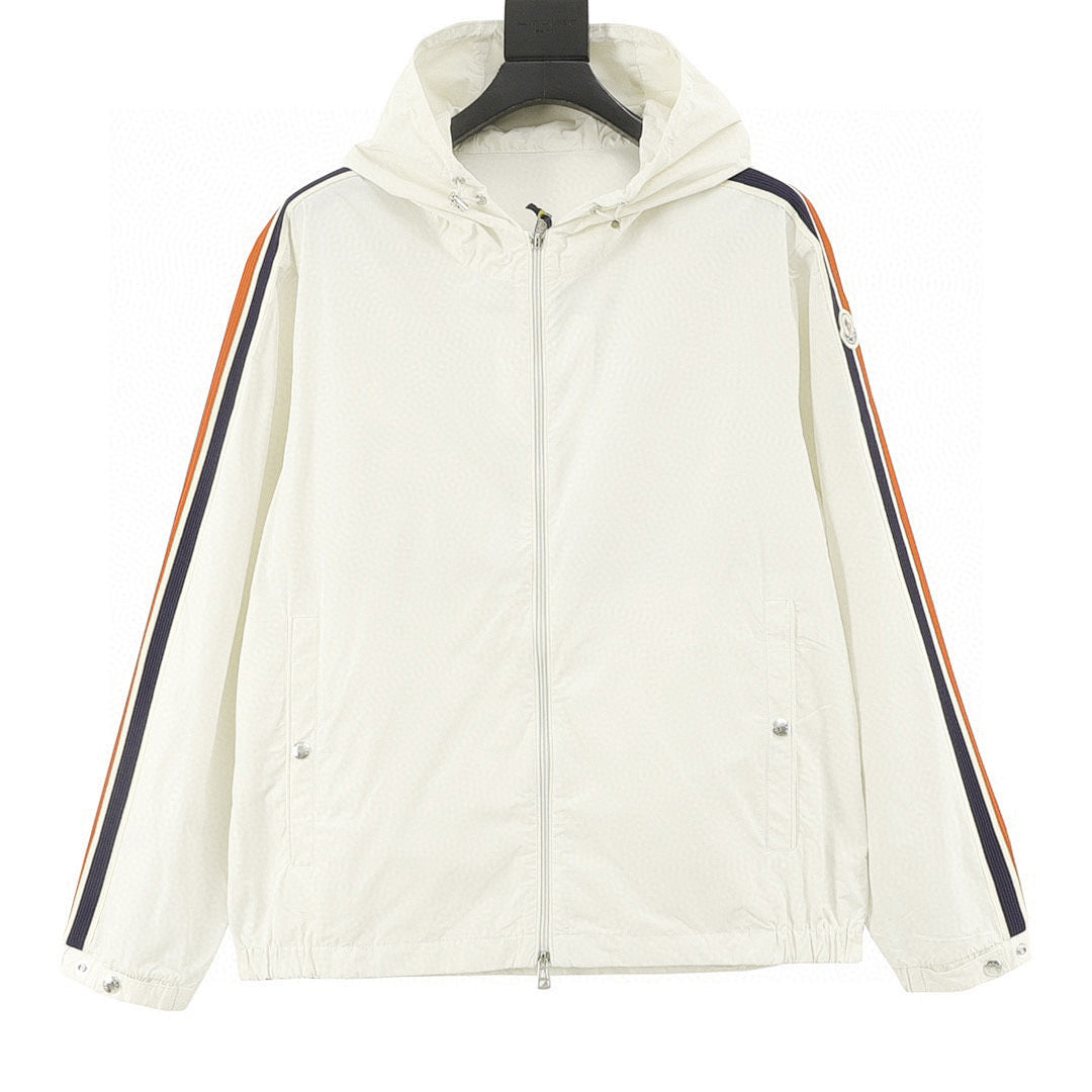 Moncler Striped-Sleeve Hooded Shell Jacket - Ivory - front view