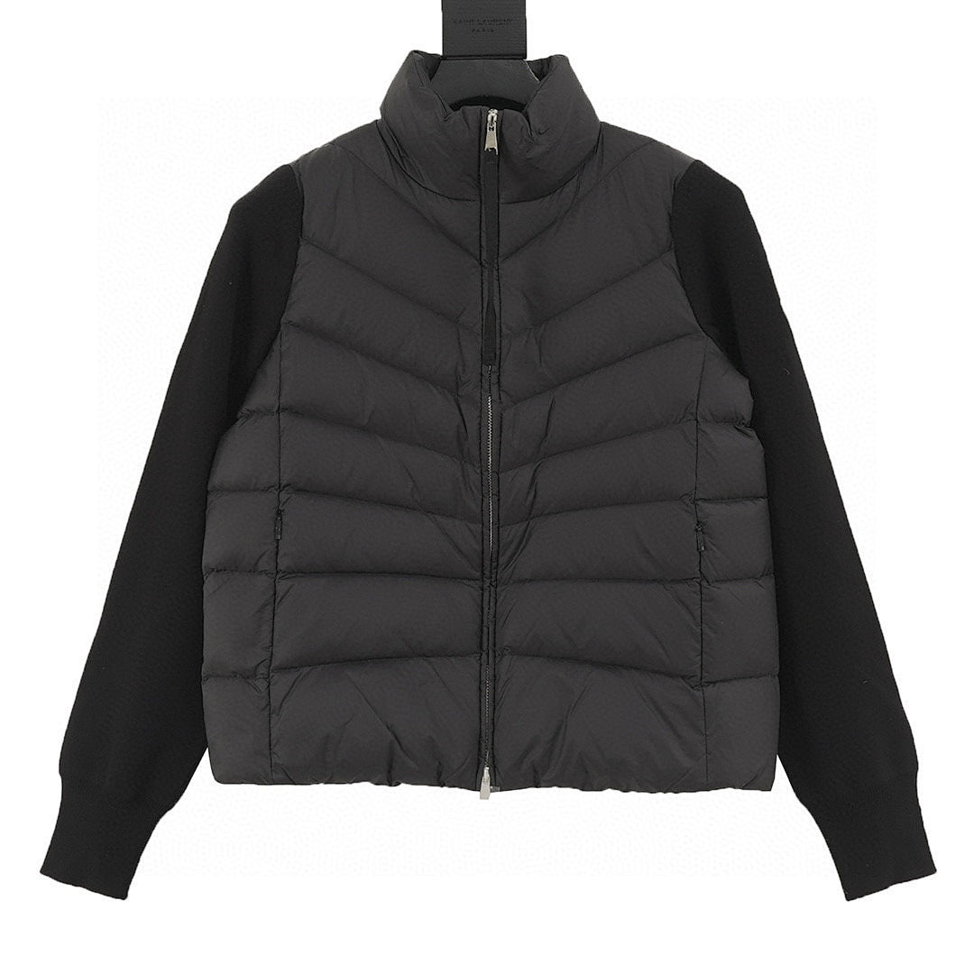 Moncler Chevron-Quilted Knit-Sleeve Jacket - Black - front view