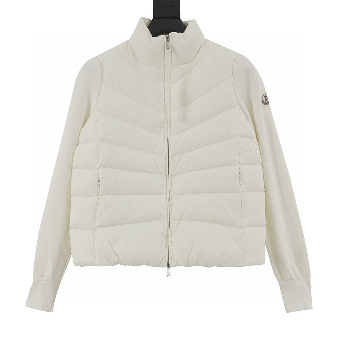 Moncler Chevron-Quilted Knit-Sleeve Jacket - Ivory - front view