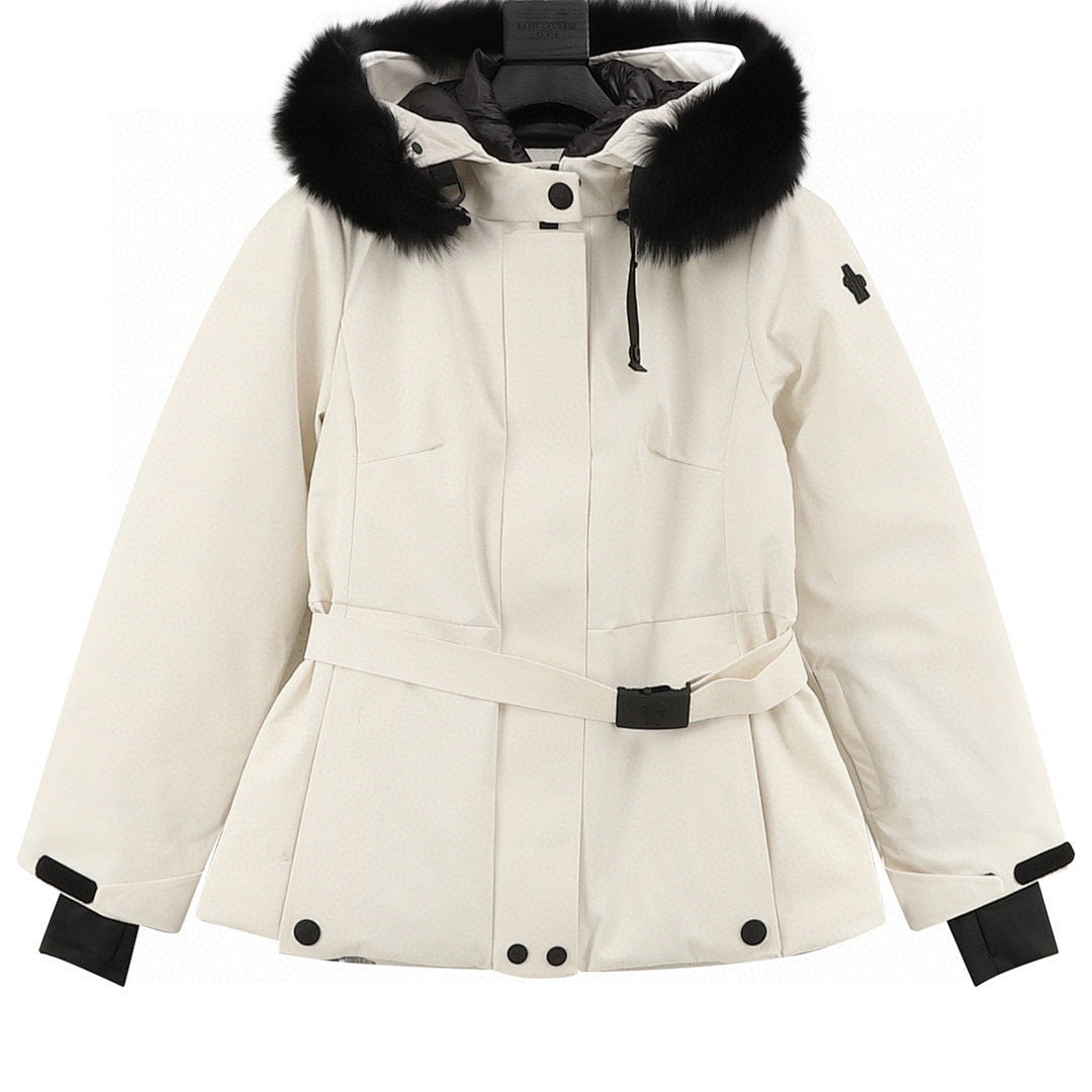 Moncler Bauges Belted Hooded Down Jacket - Ivory - front view