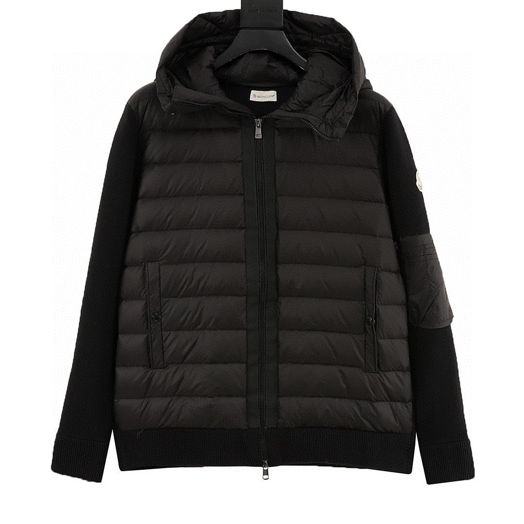 Moncler Knit-Sleeve Hooded Padded Cardigan - Black - front view