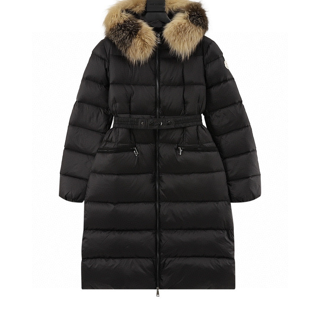 Moncler Hermifur Women's Belted Long Down Coat - Black with Tan Trim - front view