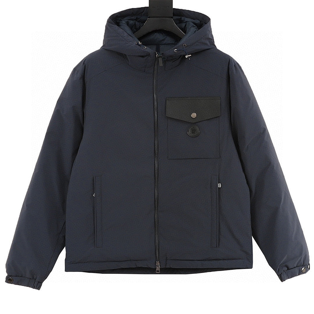 Moncler Chest-Pocket Hooded Down Jacket - Navy - front view
