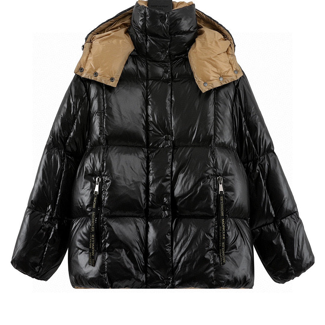 Moncler Contrast-Hood Down Jacket - Black and Gold - front view