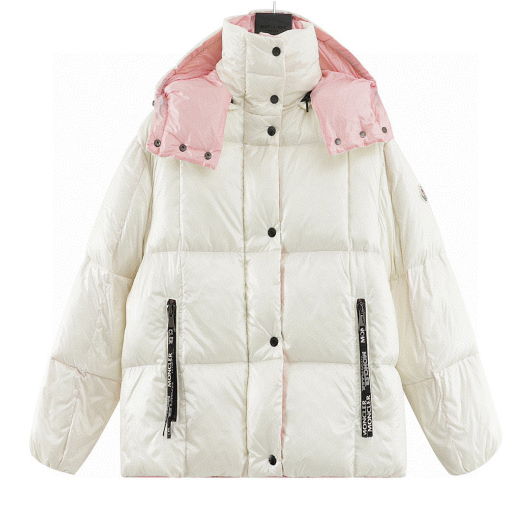 Moncler Contrast-Hood Down Jacket - Ivory and Pink - front view