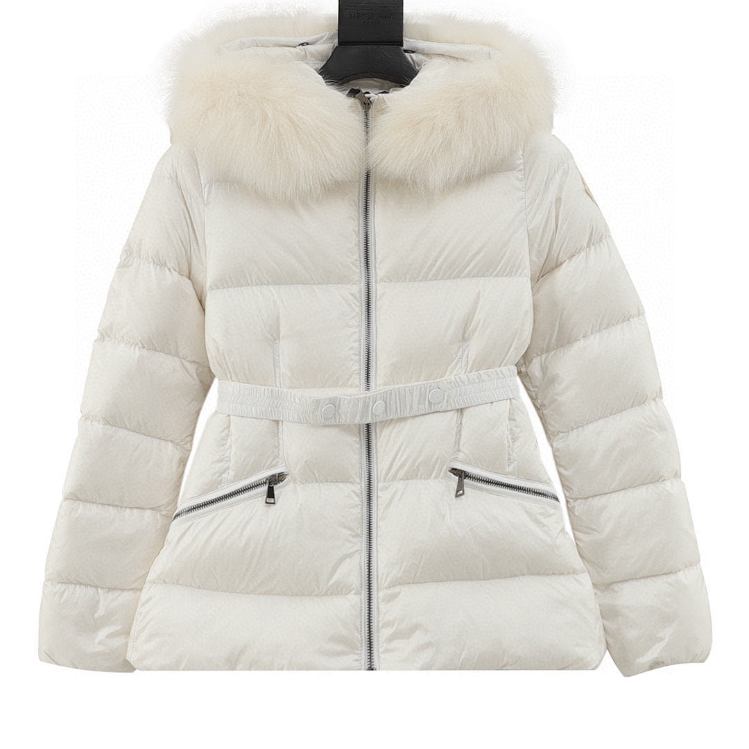 Moncler Hermifur Women's Belted Short Down Jacket - Ivory - front view
