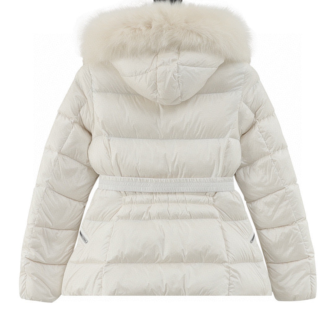 Moncler Hermifur Women's Belted Short Down Jacket - Ivory - back view