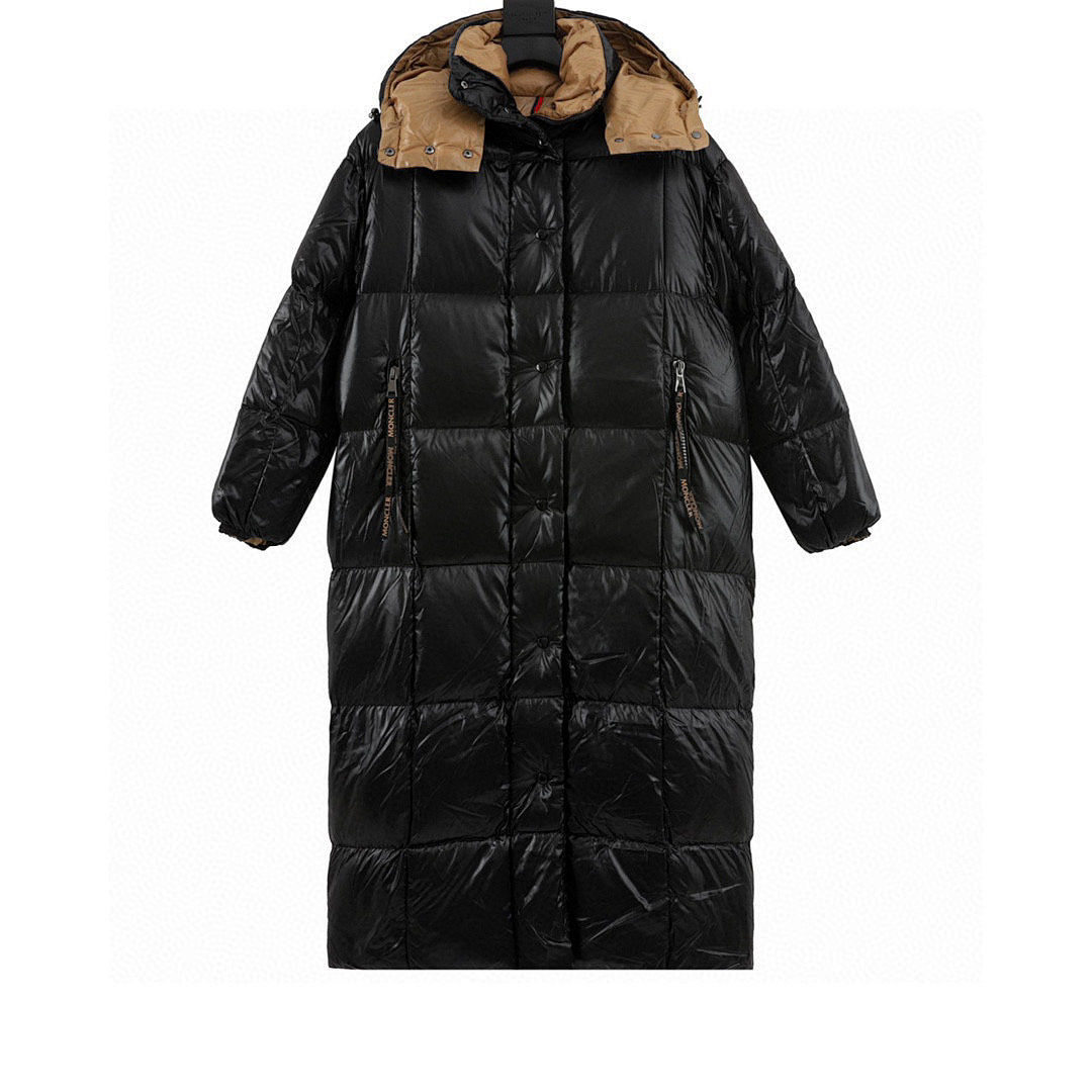 Moncler Women's Long Hooded Down Coat - Black and Gold - front view