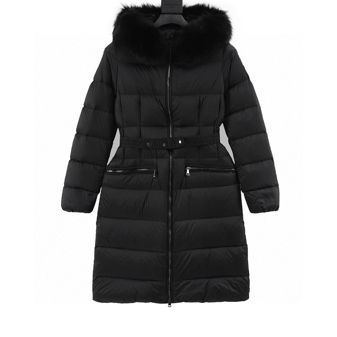Moncler Hermifur Belted Long Down Coat - Women's Black - front view